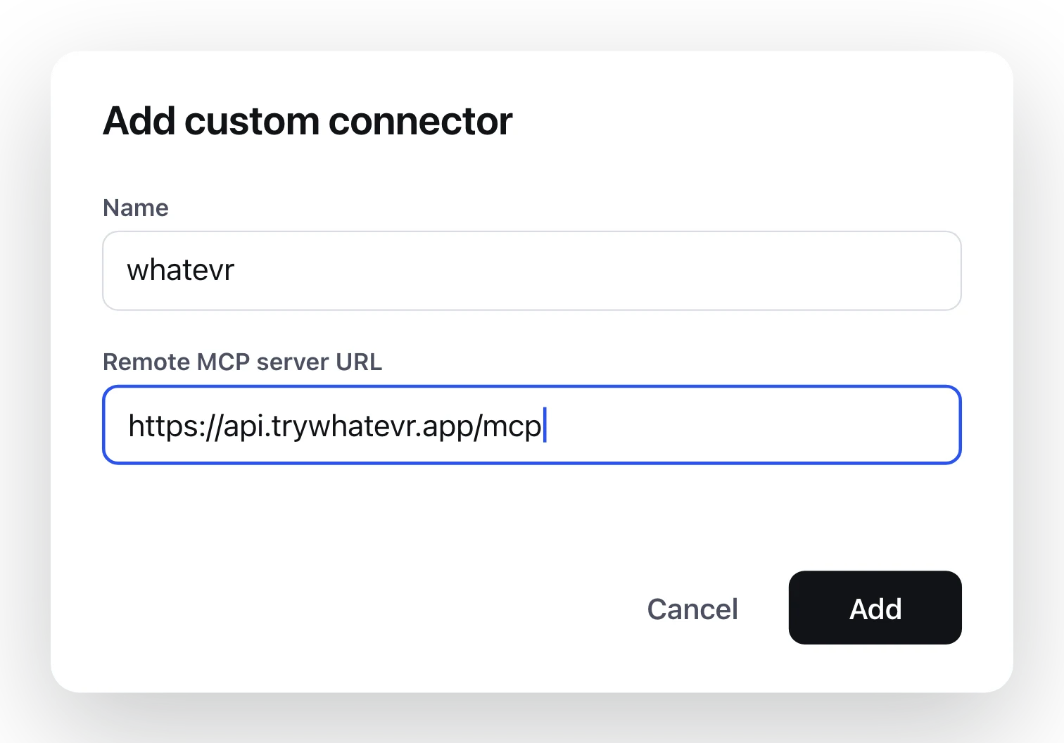 Claude's Add custom connector box with the name whatevr and the link filled in.