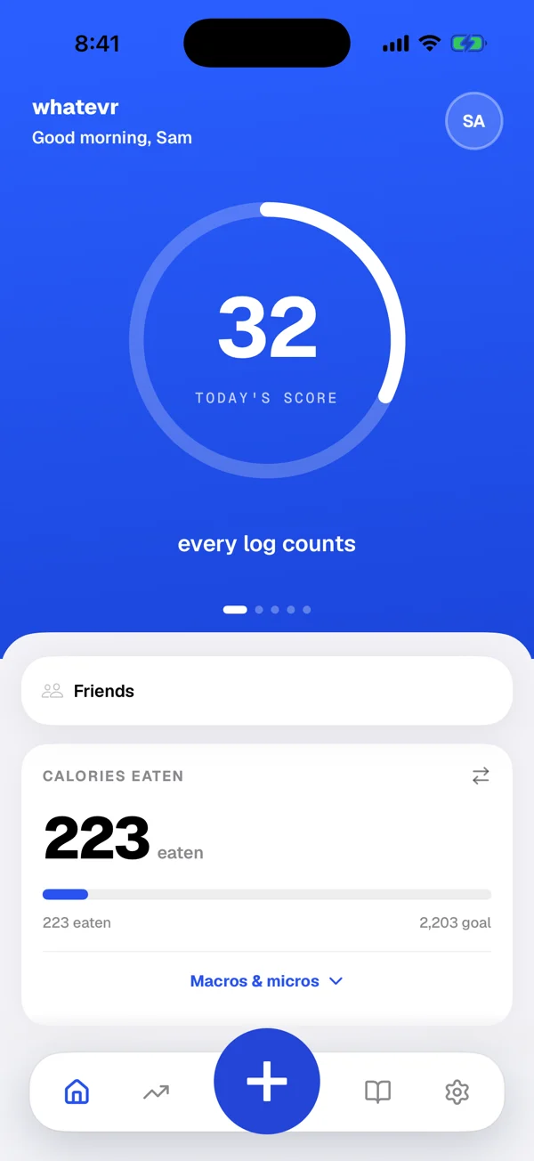 The whatevr app showing 223 calories eaten today.