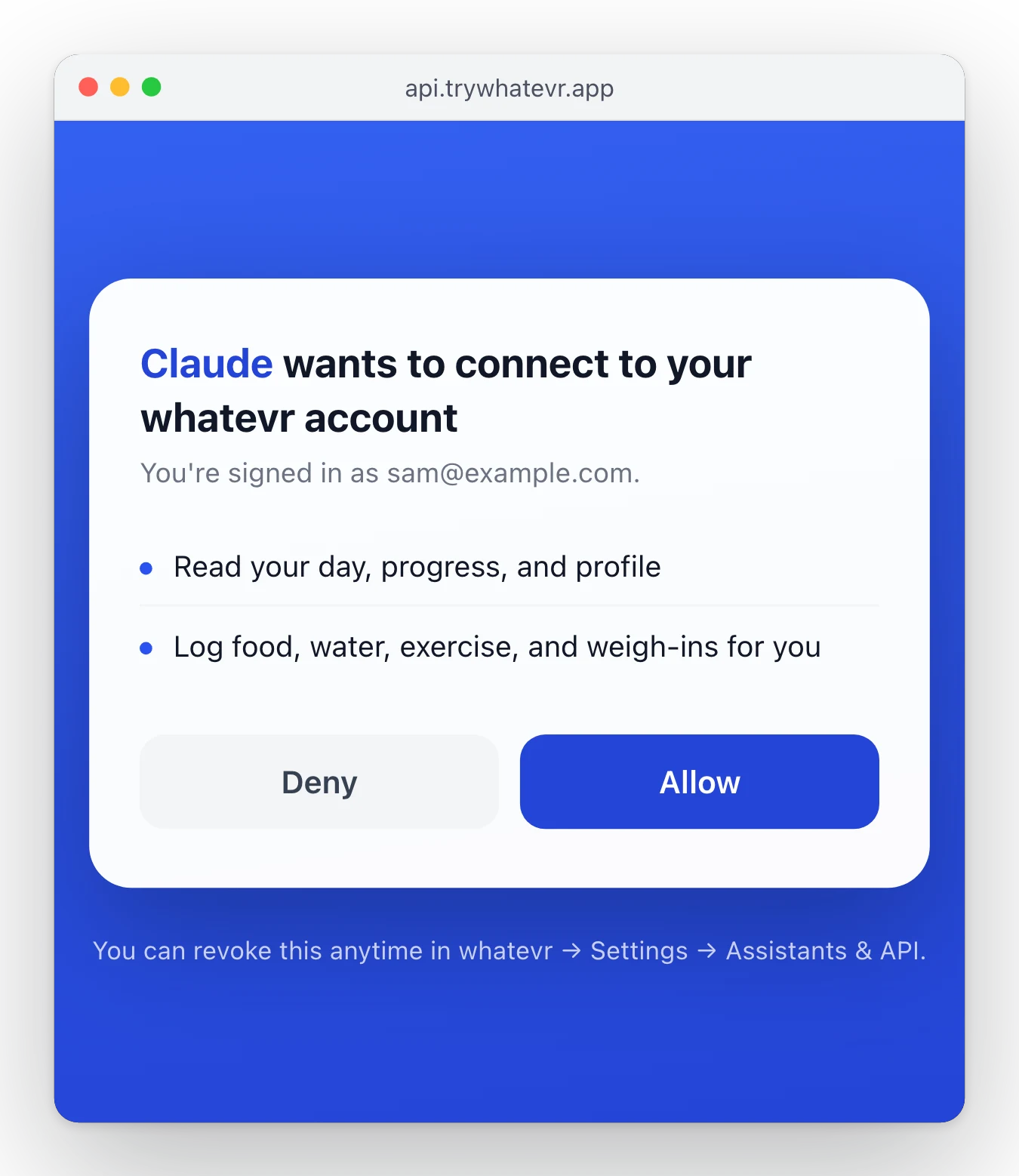 whatevr's permission screen: Claude wants to connect to your whatevr account, with Allow and Deny buttons.