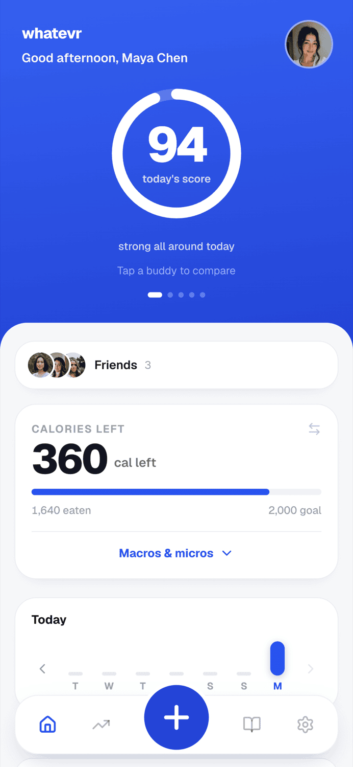 the whatevr home screen with your daily score